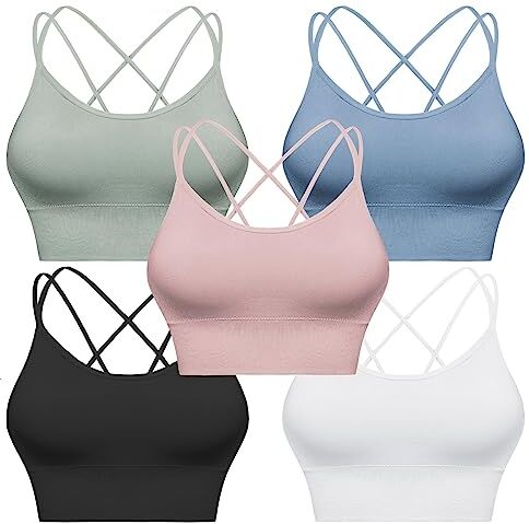 Sykooria Reggiseno Sportivo Donna Top Reggiseno Donna Senza Ferretto con Imbottito Top Donna Fitness Supporto Bustino per Yoga Running Nero + Blu Chiaro + Bianco + Verde + Nude L