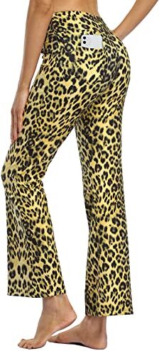 MOVE BEYOND Donna Pantaloni Bootleg da Yoga con 4 Tasche a Vita Alta Controllo di Pancia, Leopard, XL