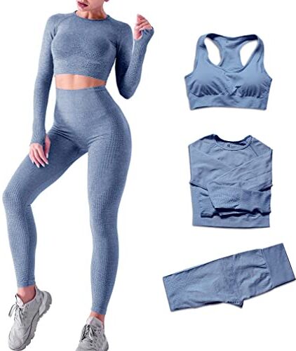 DONYKARRY 3set di Abbigliamento Sportivo da Palestra Senza Cuciture, Yoga Gym Leggings da Yoga a Vita alta e Reggiseno Sportivo e Top Sportivo(Grigio,M)