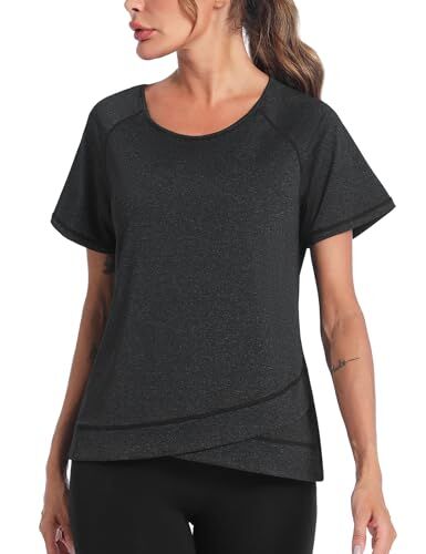 Terecey Maglietta Sportiva Donna Fitness Camicia da Yoga Manica Corta T Shirt Palestra Donna Asciugatura Rapida Magliette Sportive Scollo Tondo T-Shirt Sport Orlo Incrociato Nero-S