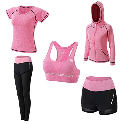 JULY'S SONG Abbigliamento Sportivo da Donna, T-Shirt 5set Suit per Sport Yoga Ginnastica Sport Include Manica Lunga e Corta, Pantaloni, Reggiseno, Morbido e Traspirante Confortevole