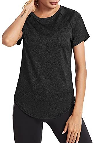 Wayleb Maglietta Sportiva T-Shirt Donna Maniche Corte per Allenamento Estive Asciugatura Rapida T Shirt Palestra Fitness Yoga Running Tee Top Nero,XL