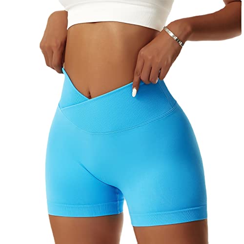 NIBESSER Pantaloncini Donna Sportivi Push Up Leggins Corti Donna a Vita Alta Incrociata Shorts Donna Sportivi Senza Cuciture Aderenti Elasticizzati per Palestra Fitness Corsa Yoga, Azzurro, M