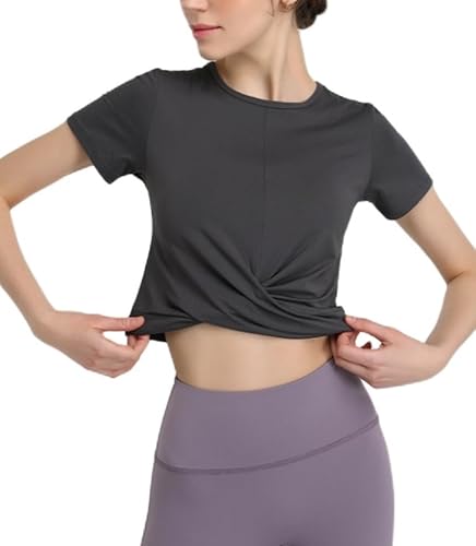 ELroal T-shirt da corsa sportiva da donna a maniche corte for allenamento yoga, ad asciugatura rapida e assorbente del sudore, maglietta da esterno, maglietta estiva (Color : Grey, Size : XL)