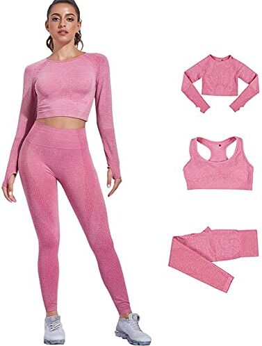 DONYKARRY 3set di Abbigliamento Sportivo da Palestra Senza Cuciture, Yoga Gym Leggings da Yoga a Vita alta e Reggiseno Sportivo e Top Sportivo (Rosa,S)