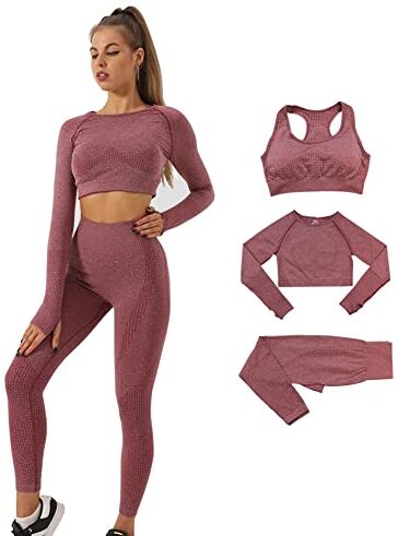 DONYKARRY 3set di Abbigliamento Sportivo da Palestra Senza Cuciture, Yoga Gym Leggings da Yoga a Vita alta e Reggiseno Sportivo e Top Sportivo