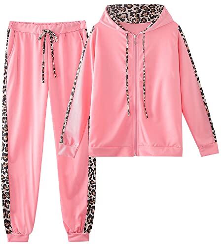 amropi Donna Tuta Sportiva Set Leopardato Maniche Lunghe Felpa con cappuccio e Jogging Pantaloni (Rosa, M)