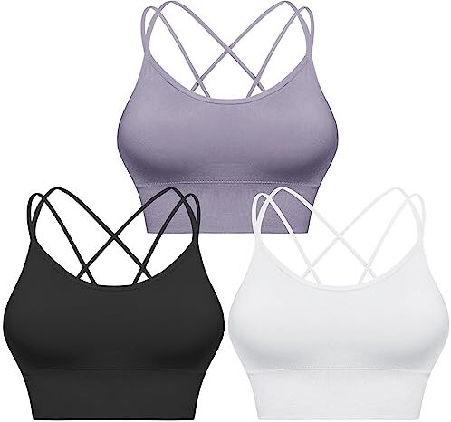 Sykooria Reggiseno Sportivo Donna Top Reggiseno Donna Senza Ferretto con Imbottito Top Donna Fitness Supporto Bustino per Yoga Running Bianco+Nero+Viola M