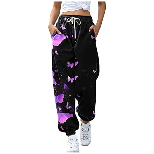 KEERADS Jeans bianchi costosi Pantaloni alti Pantaloni atletici Pantaloni della tuta da donna Vita Bottom Fit Jogger Tasche Stampa Lounge Animal Sporty Pantaloni Pantaloncini Sport Tennis (Dark Purple-A, L)