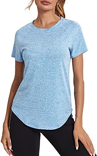 Wayleb Maglietta Sportiva T-Shirt Donna Maniche Corte per Allenamento Estive Asciugatura Rapida T Shirt Palestra Fitness Yoga Running Tee Top Cielo Blu,XL