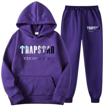 OverstepA Tuta Trapstar Uomo Donna, 2 Pezzi Completo Trapstar London con Logo Stampato, Unisex Felpa con Cappuccio in Plie e Pantaloni, Trapstar Tuta Jogging Sportiva Set Autunno Inverno