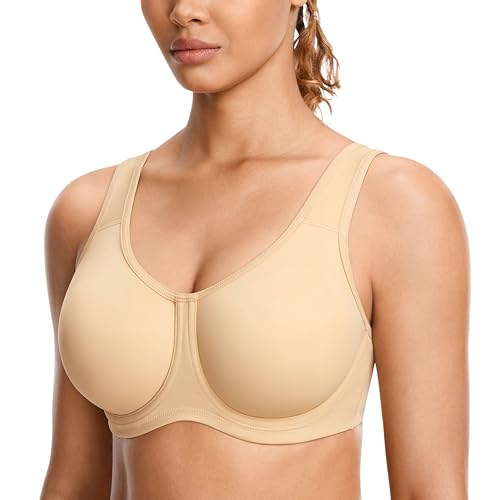 SYROKAN Donna Reggiseno Sportivo con Ferretto Sostegno Forte Taglie Forti con Regolabili Spalline Frullato Tan 4E