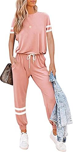 Litthing Completi Donna Sportivi 2 Pezzi Tute da Ginnastica Tops Manica Corta/Pantaloni per Casual Jogging Fitness Yoga Casa Pigiama Set (Rosa, S)