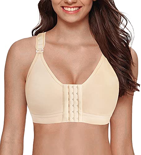 YIANNA Donna Post Operatorio Reggiseno Sportivo Chiusura Frontale Senza Ferretto Mastoplastica Reggiseni Contenitivo Sports Bra Beige,128 Size XL