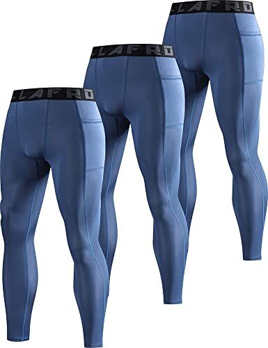 LAFROI 3-Pack Leggings da Uomo YSK08, ad Asciugatura Rapida, a Compressione e Aderenti Pocket Grayish Blue x3. L