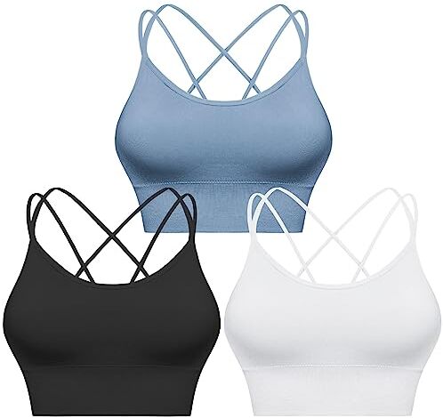 Sykooria Reggiseno Sportivo Donna Top Reggiseno Donna Senza Ferretto con Imbottito Top Donna Fitness Supporto Bustino per Yoga Running Nero+Blu Chiaro+Bianco XL