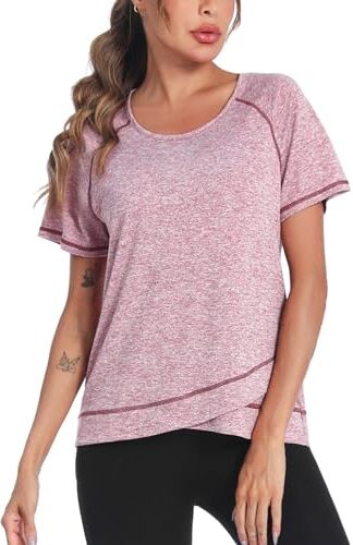 Terecey Maglietta Sportiva Donna Fitness Camicia da Yoga Manica Corta T Shirt Palestra Donna Asciugatura Rapida Magliette Sportive Scollo Tondo T-Shirt Sport Orlo Incrociato Rosa-L