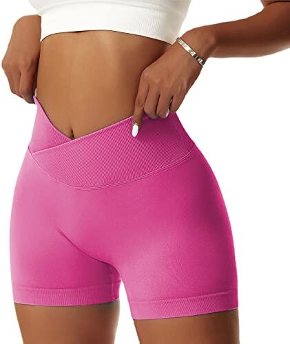 NIBESSER Pantaloncini Donna Sportivi Push Up Leggins Corti Donna a Vita Alta Incrociata Shorts Donna Sportivi Senza Cuciture Aderenti Elasticizzati per Palestra Fitness Corsa Yoga, Rosa, S