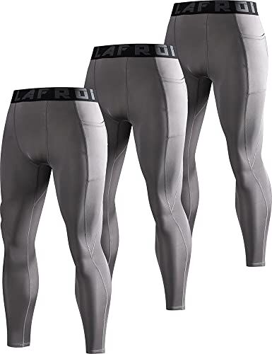 LAFROI 3-Pack Leggings da Uomo YSK08, ad Asciugatura Rapida, a Compressione e Aderenti Pocket Grey x3. XL