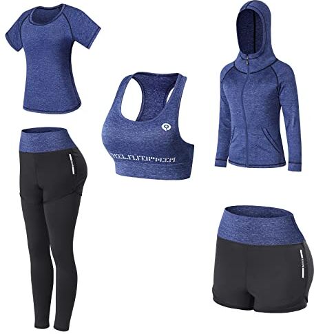 JULY'S SONG Tuta da yoga, set da 5 pezzi, abbigliamento da corsa, palestra, fitness, Blu mare, XL