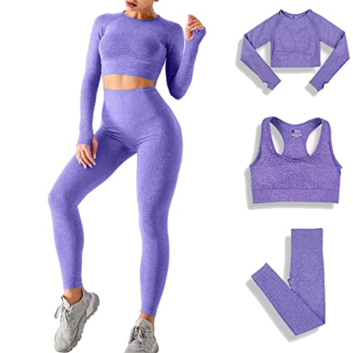 DONYKARRY 3set di Abbigliamento Sportivo da Palestra Senza Cuciture, Yoga Gym Leggings da Yoga a Vita alta e Reggiseno Sportivo e Top Sportivo (Viola,M)