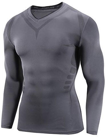 AMZSPORT Camicia a Compressione Sportiva da Uomo Maglia a Manica Lunga Freddo Secco Fitness Base Layer, Grigio Scuro S