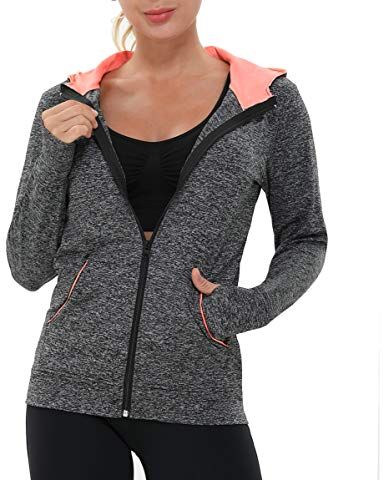 AMZSPORT Donna Felpa Sportiva Giacca da Running a Manica Lunga con Cappuccio con Fori per i Pollici e Tasche Nero XL