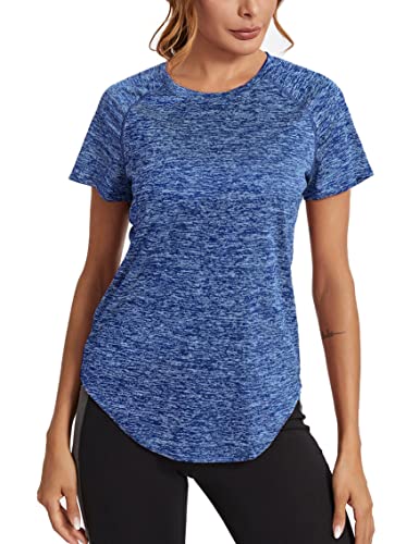 Wayleb Maglietta Sportiva T-Shirt Donna Maniche Corte per Allenamento Estive Asciugatura Rapida T Shirt Palestra Fitness Yoga Running Tee Top Blu Scuro,S