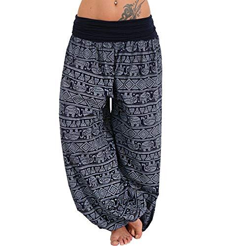 Frolada Pantaloni da yoga da donna, in cotone, stile boho, stampa elefante, a vita bassa, pantaloni lunghi, larghi e larghi, blu navy, XXL