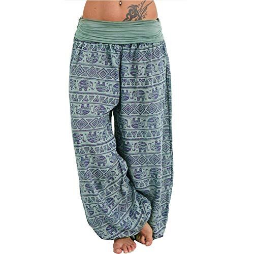 Frolada Yoga Pantaloni Donna Leggings Donna Cotone Boho Elephant Stampa Vita Bassa Pantaloni Lunghi Sciolti Baggy Bloomer Verde Esercito XXXL