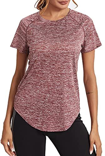 Wayleb Maglietta Sportiva T-Shirt Donna Maniche Corte per Allenamento Estive Asciugatura Rapida T Shirt Palestra Fitness Yoga Running Tee Top Vino Rosso,XL