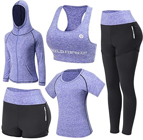 JULY'S SONG Abbigliamento Sportivo da Donna, T-Shirt 5set Suit per Sport Yoga Ginnastica Sport Include Manica Lunga e Corta, Pantaloni, Reggiseno, Morbido e Traspirante Confortevole