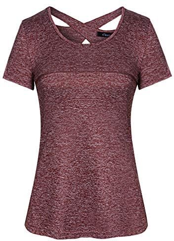 iClosam T-Shirt Palestra Donna Maglia Maniche Corte Corsa Asciugatura Rapida Top Elastico Magliette Fitness Yoga Tee B1-Vino Rosso,L