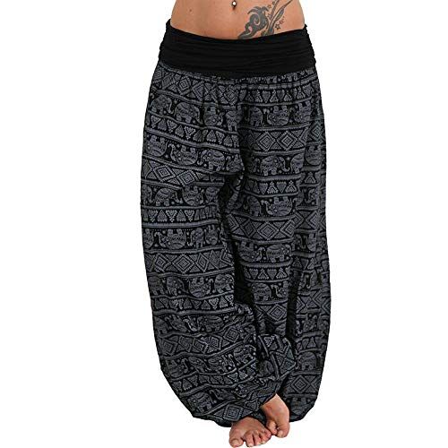 Frolada Pantaloni da yoga da donna, in cotone, stile boho, stampa elefante, a vita bassa, pantaloni lunghi, larghi e fioritori, taglia M, colore: nero
