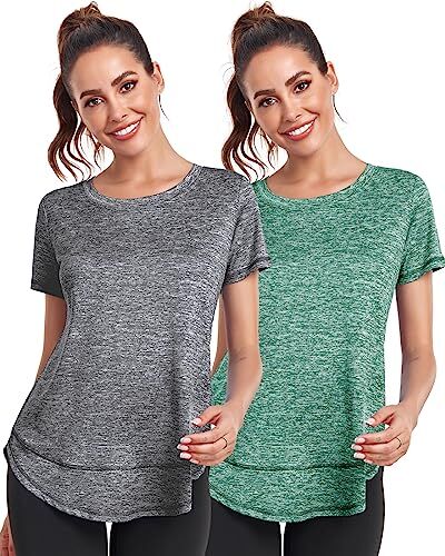 Deaviya Maglietta Sportiva Donna, Camicie Magliette Palestra Yoga T Shirts, Fitness Corsa Sport T-Shirt Donna, Maglietta A Girocollo A Maniche Corte Donna (46 3XL IT Donna, Grigio+Verde)