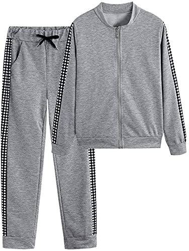 amropi Donna Tuta Sportiva Set a Quadri Maniche Lunghe Felpa e Jogging Pantaloni (Grigio, S)