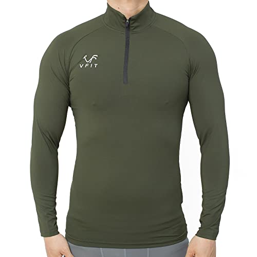 vf VFIT Maglietta Compressione Uomo Manica Lunga Sportiva Fitness Runnig Traspirante Asciugatura Rapida Cerniera/Cappuccio (M, Verde Cre)