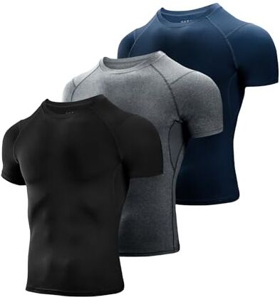 Niksa 3 Pezzi Maglietta Uomo，Maglia a Manica Corta Traspirante Asciugatura Rapida Compression da Uomo Sport per Correre Jogging Fitness Palestra, Nero-Grigio-Navy, Taglia XL