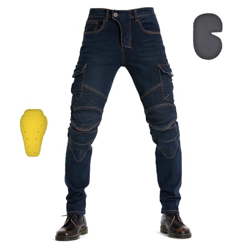 oFzimTo Pantaloni Moto Uomo con Protezion, Jeans Moto Elastico, Invernale/Estivo, Vari Colori Disponibili (Blue,4XL)