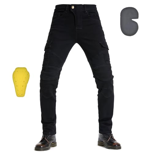 oFzimTo Pantaloni Moto Uomo con Protezion, Jeans Moto Elastico, Invernale/Estivo, Vari Colori Disponibili (Black,XXL)
