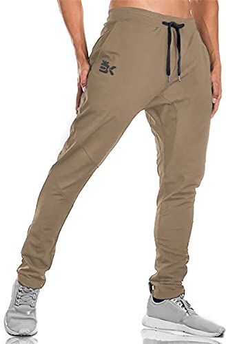 BROKIG Pantaloni da Ginnastica da Uomo, Stile Casual, vestibilità Slim Fit, Adatti per la Corsa, con Doppie Tasche(Beige,M)