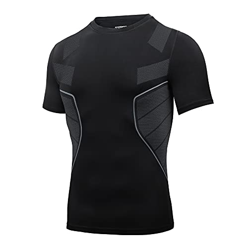 AMZSPORT Maglie Compressione Uomo Maglietta Manica Corta Maglia Palestra da Asciugatura Rapida, Nero XXL