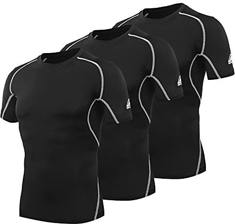 AMZSPORT Maglietta a Compressione da Uomo 3 Pezzi Maglia Manica Corta Palestra T-Shirt Corsa, Nero XL