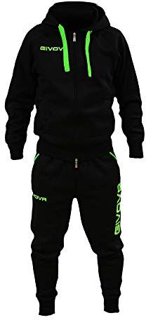 Perseo Sport Tuta Uomo Cotone Felpato Cappuccio  (S, Nero/Verde Fluo)