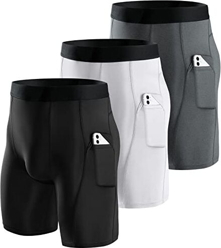 Niksa Confezione da 3 pantaloncini a compressione, da uomo, con tasche, per corsa, allenamento, fitness, Bianco A, Grigio B, Nero, XL