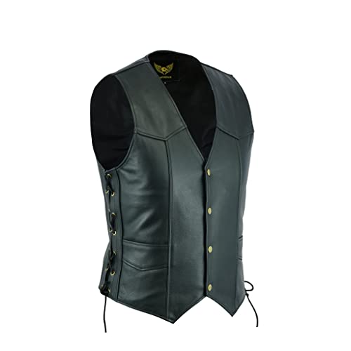 Leatherick Gilet da motociclista in pelle di vacchetta di prima qualità, classico con lacci laterali da uomo, nero (5XL)