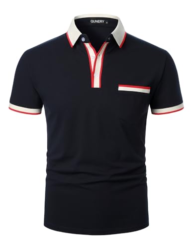QUNERY Polo Uomo Manica Corta Contrasto vestibilità Regolare Tennis Golf Poloshirt Blu Navy L