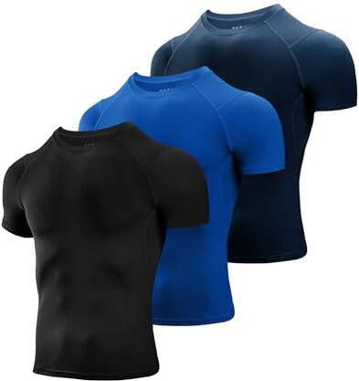 Niksa 3 Pezzi Maglietta Uomo，Maglia a Manica Corta Traspirante Asciugatura Rapida Compression da Uomo Sport per Correre Jogging Fitness Palestra, Nero-Blu-Navy, Taglia S