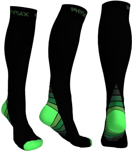 Physix Gear Sport Calze compressione graduata uomo e donna (20-30 mmHg) Calze elastiche sportive per circolazione, vene varicose, gravidanza, antitrombo, ciclismo, running, aereo VERDE XXL