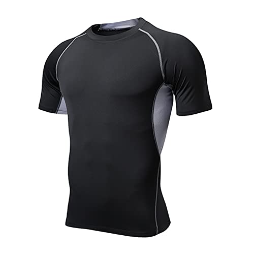 Atractivoll Maglietta Uomo, Maglia a Manica Corta Asciugatura Rapida Fitness T-Shirt da Sport per Corsa Palestra Fitness (XXL, Nero+Grigio)